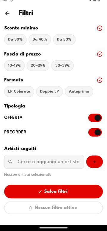 Filtri e notifiche per artista, sconto e prezzo